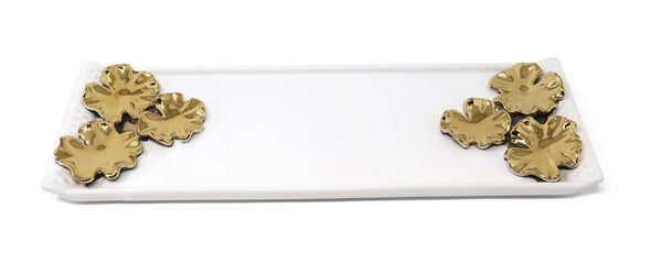 Glam Style White Ceramic Tray Gold Flower Design