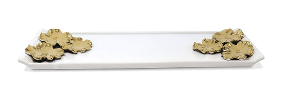 Glam Style White Ceramic Tray Gold Flower Design