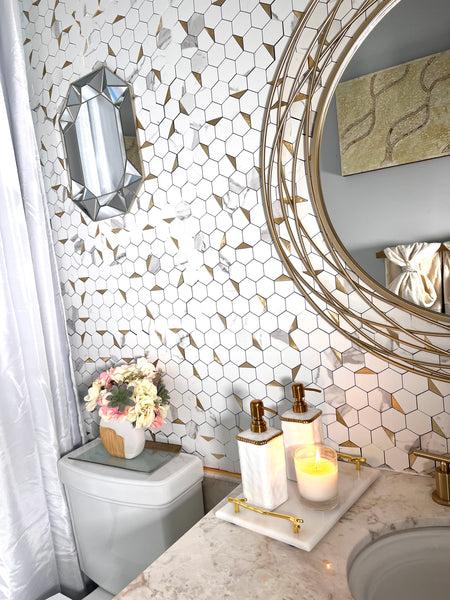 Glam Style White Marble Tray With Gold Handle