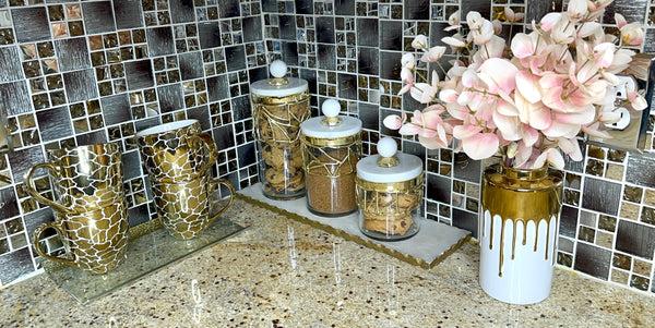 Glam Style Glass Canister Gold Mesh Design Marble Lid