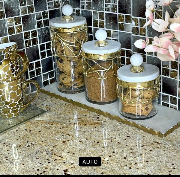 glam style Glass Canister Gold Mesh Design Marble Lid