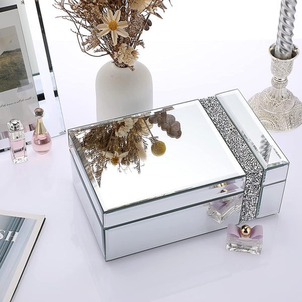glam style Glass Jewelry Box Silver Mirrored Trinket Organizer Treasure Chest Box Storage Decorative Box