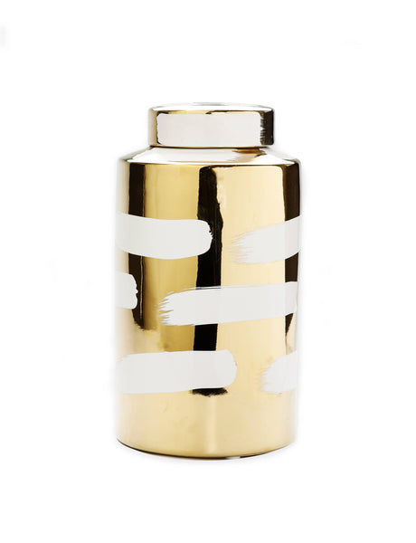 Glam Style Gold Porcelain Jar With Cover White Brush Design