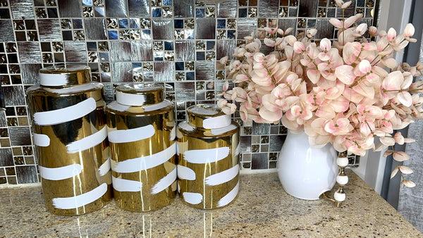 glam style Gold Porcelain Jar with Cover White Brush Design