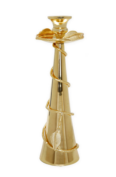 glam style Gold Taper Candle Holder Leaf Spiral Design