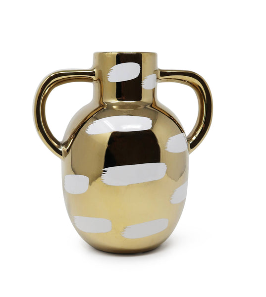 Glam Style Gold Vase With White Brushstroke Design With Handles: Small