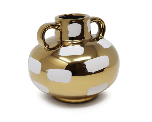 Glam Style Gold Vase With White Brushstroke Design With Handles: Small