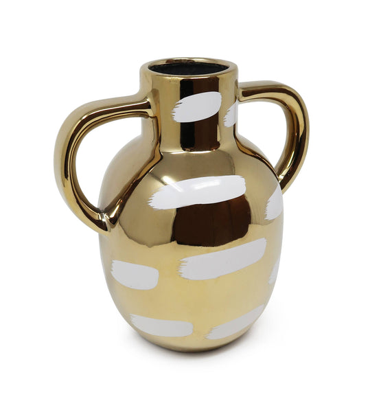 Glam Style Gold Vase With White Brushstroke Design With Handles: Small