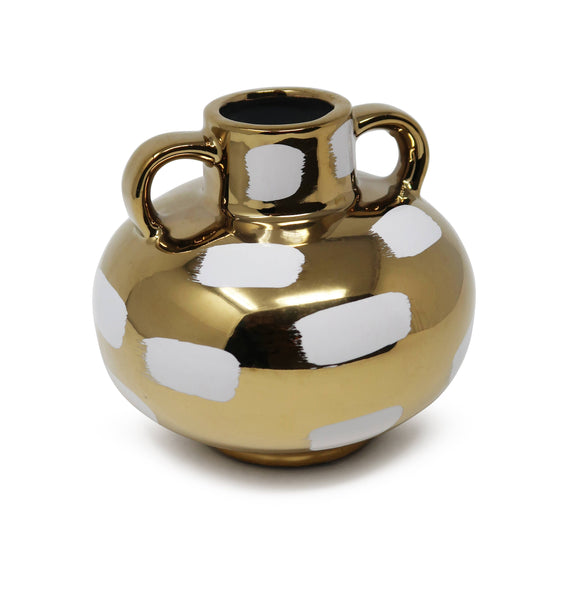 glam style Gold Vase with White Brushstroke Design with Handles: Small