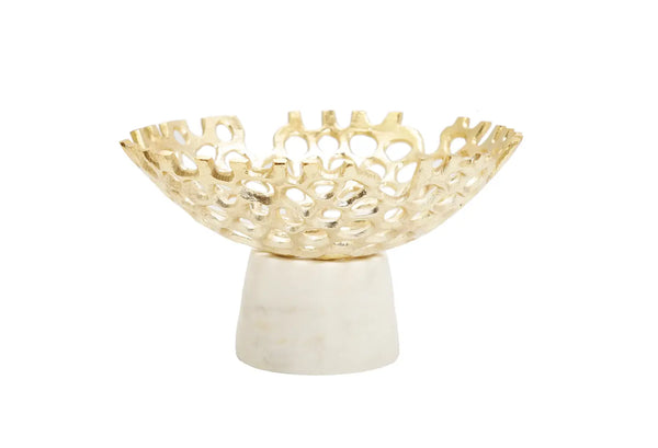 glam style Gold Web Design Bowl on White Marble Base 9.5"