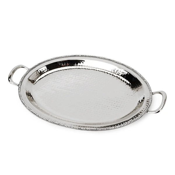 glam style Hammered Stainless Steel Oval Tray w Diamonds 21"L x 14"W