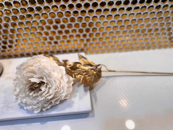 Glam Style Ivory And Gold Glittered & Sequin Peony Floral Stem 25.5"