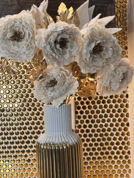 glam style Ivory and Gold Glittered & Sequin Peony Floral Stem 25.5"