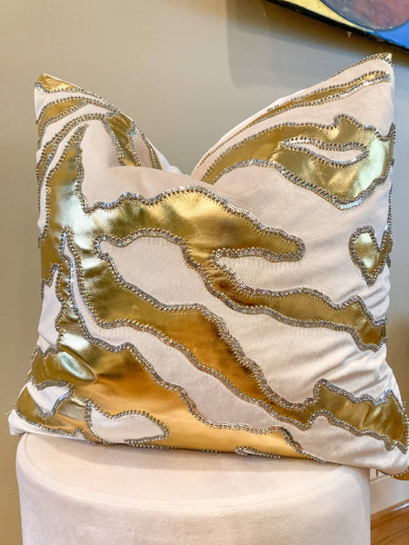 Glam Style Ivory Gold Animal Print Velvet Pillow Cover 20"x20"