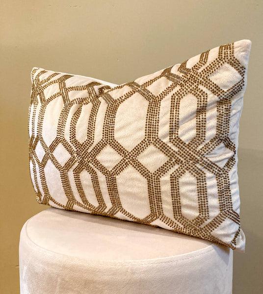 Glam Style Ivory Velvet With Gold Beads Lumbar Pillow Cover 14"x20"