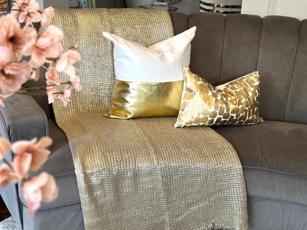 glam style Leather Throw Pillow Covers Modern Leather/Cotton Decorative Pillowcases for Home Decor Bedroom Living Room Couch Bed Sofa 20x20 Inch Gold and White