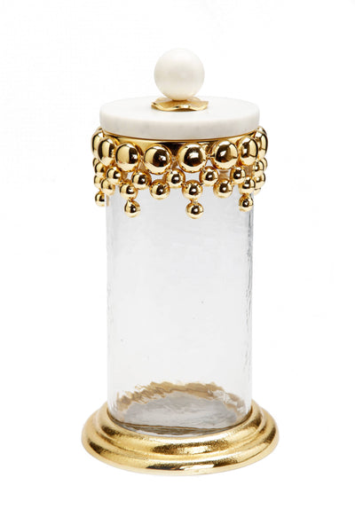 glam style Lrg Hammered Glass Canisters with Gold Design and Marble Lid