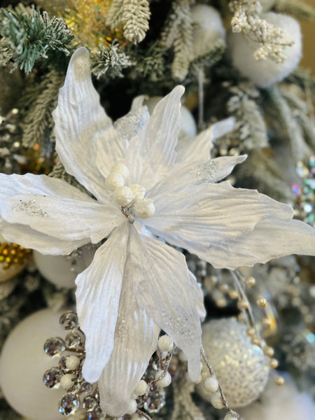 Glam Style Luxury White Poinsettia Stem With A Touch Of Sparkle