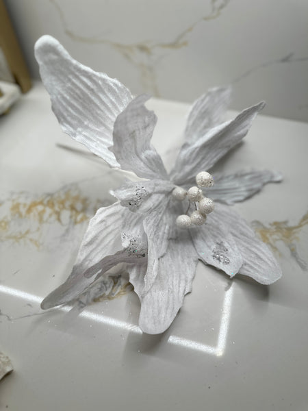 Glam Style Luxury White Poinsettia Stem With A Touch Of Sparkle