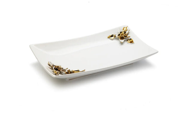 Glam Style Porcelain Tray With Gold And White Flower On Handles