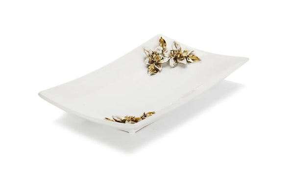 glam style Porcelain Tray with Gold and White Flower on Handles