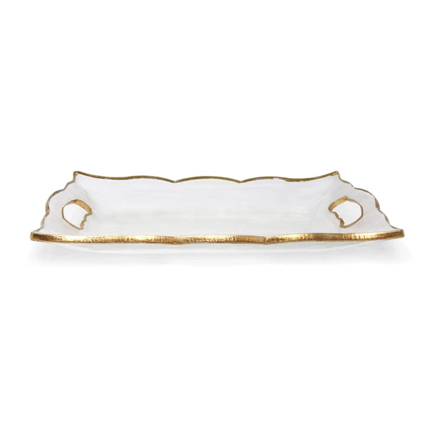 Glam Style Rectangular Glass Tray With Handles And Gold Rim