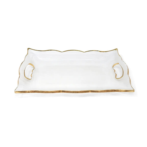Glam Style Rectangular Glass Tray With Handles And Gold Rim