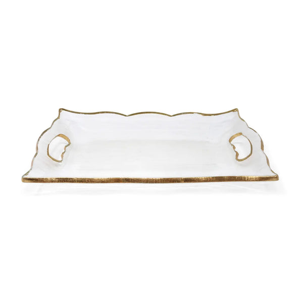 Glam Style Rectangular Glass Tray With Handles And Gold Rim