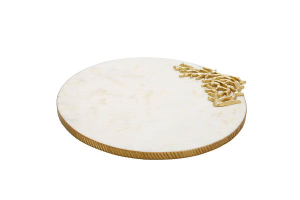 glam style Round Marble Tray Gold Branch on Corner and Gold Edge 13"D