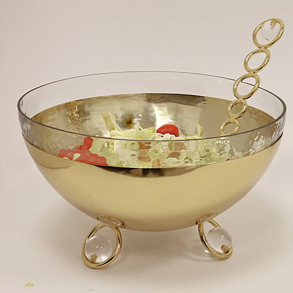 glam style Salad Bowl with Glass Insert Gold and Clear Ball Legs - 11"D