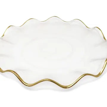 Glam Style Set Of 4 White Alabaster Plates With Gold Ruffled Border