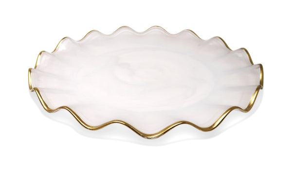 Glam Style Set Of 4 White Alabaster Plates With Gold Ruffled Border