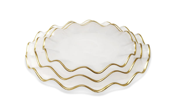 glam style Set of 4 White Alabaster Plates with Gold Ruffled Border