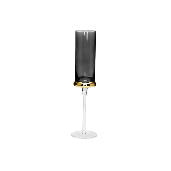 glam style Set of 6 Flute Glasses Tinted Black with Gold Band