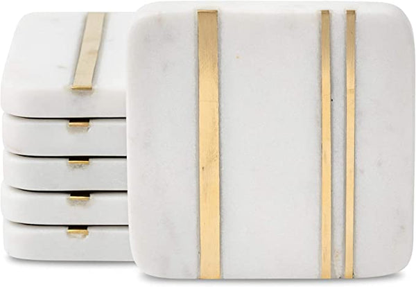 glam style Set of 6 Handcrafted Modern Marble Coasters with Gold Brass Inlay