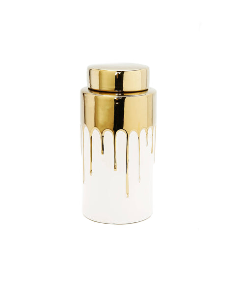 Glam Style Short White Jar With Gold Cover And Drip Design