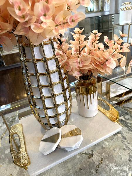 glam style Short White Jar with Gold Cover and Drip Design