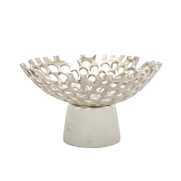 glam style Silver Web Design Bowl On White Marble Base 9.5"