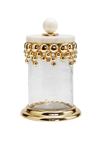 Glam Style SmalHammered Glass Canisters With Gold Design And Marble Lid