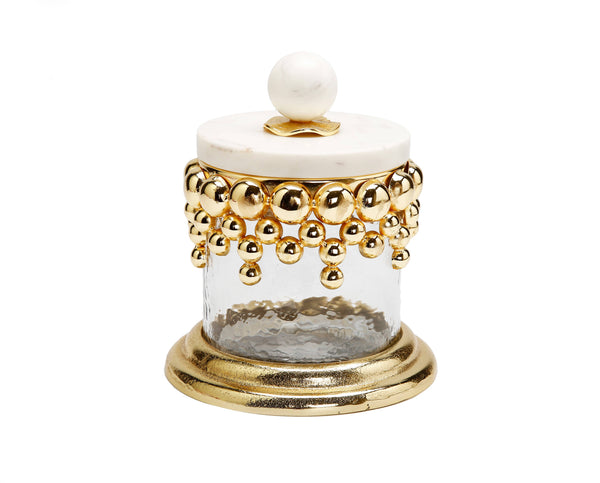 glam style SmalHammered Glass Canisters with Gold Design and Marble Lid