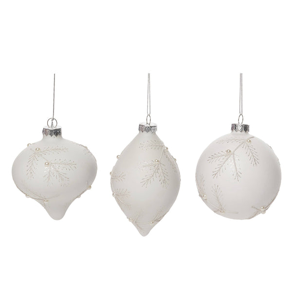 glam style Transpac - SALE Glass 4.5in. White Christmas Pine Needle Ornament Set 3