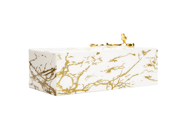 glam style White and Gold Marble Tissue Box with Gold Leaf Design