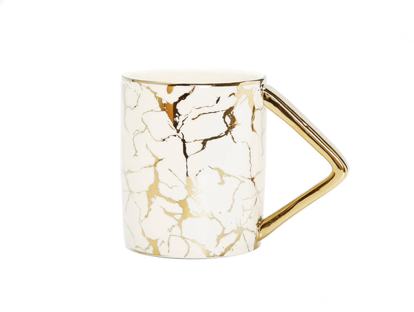 glam style White and Gold Marbleized Mug Gold Slanted Handle 19 Oz