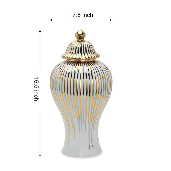 Glam Style White Ceramic Ginger Jar Vase With Gold Accent