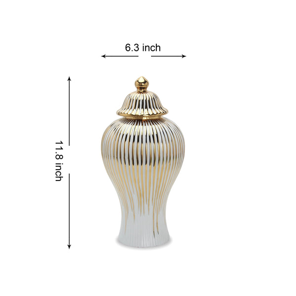 Glam Style White Ceramic Ginger Jar Vase With Gold Accent