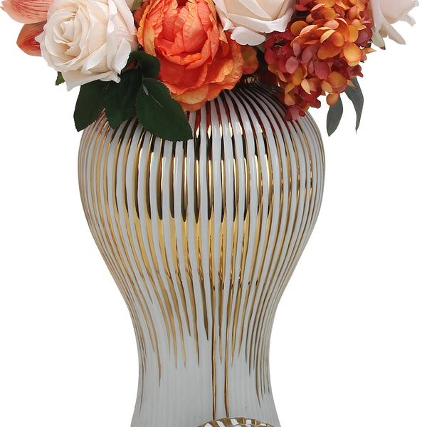 Glam Style White Ceramic Ginger Jar Vase With Gold Accent