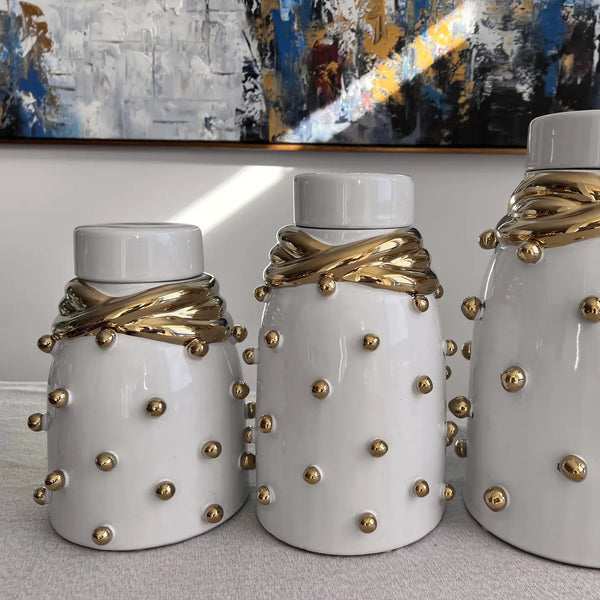 Glam Style White Ceramic Jar With Gold Elegant Detail And Studded