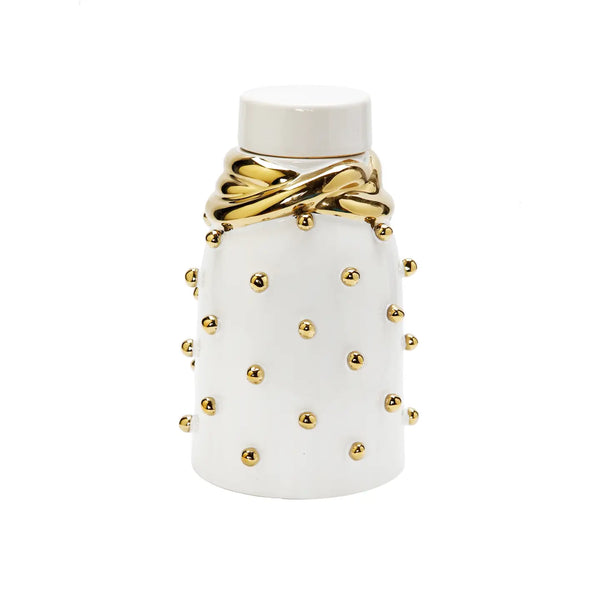 Glam Style White Ceramic Jar With Gold Elegant Detail And Studded
