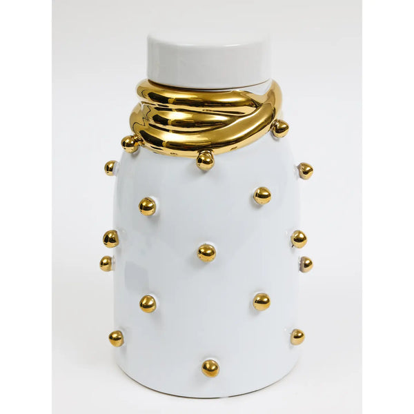 Glam Style White Ceramic Jar With Gold Elegant Detail And Studded