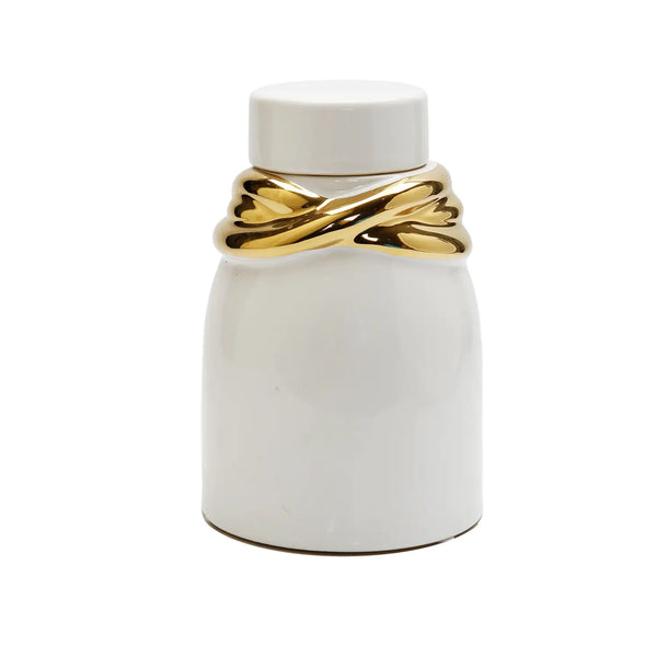glam style White Ceramic Jar with Lid and Gold Details